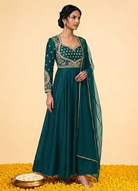 Teal Vichitra Silk Zari Sequins Embroidered Anarkali Suit