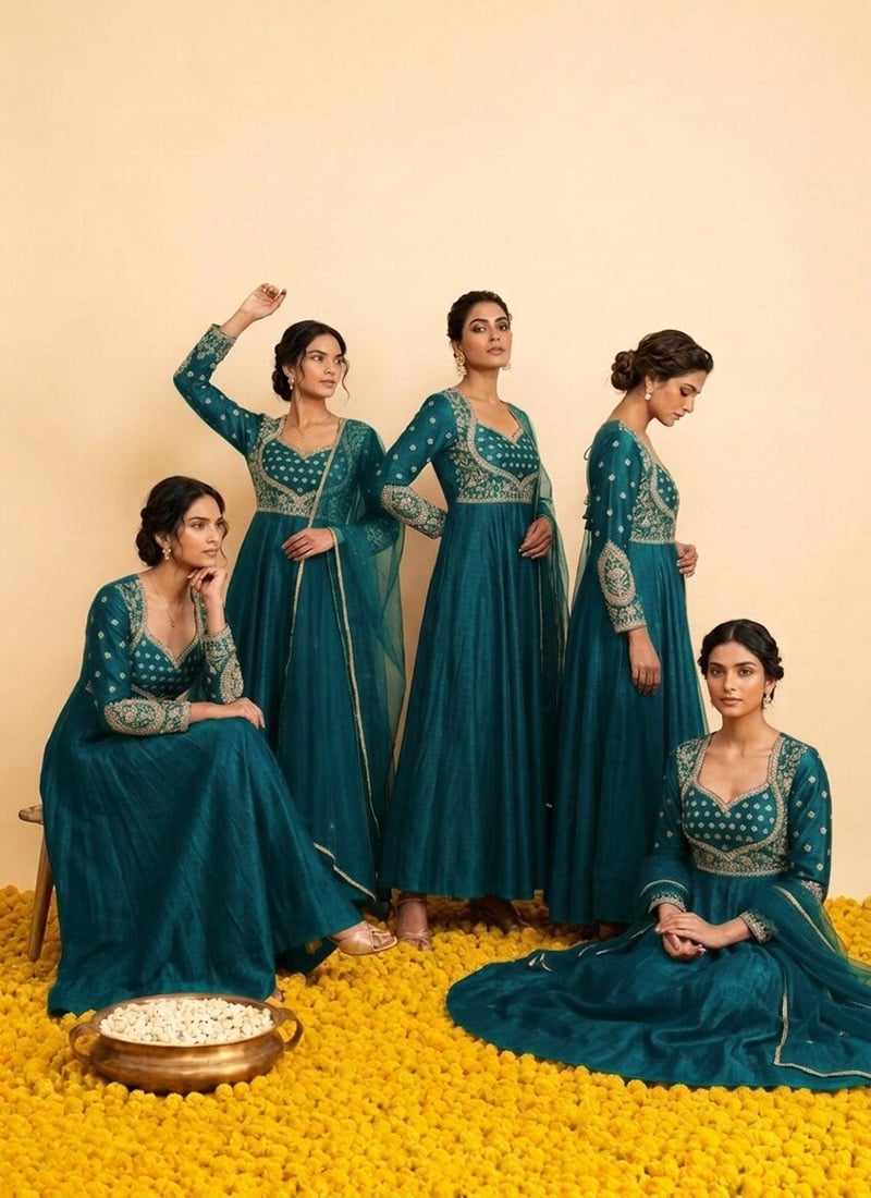 Teal Vichitra Silk Zari Sequins Embroidered Anarkali Suit After Six Wear