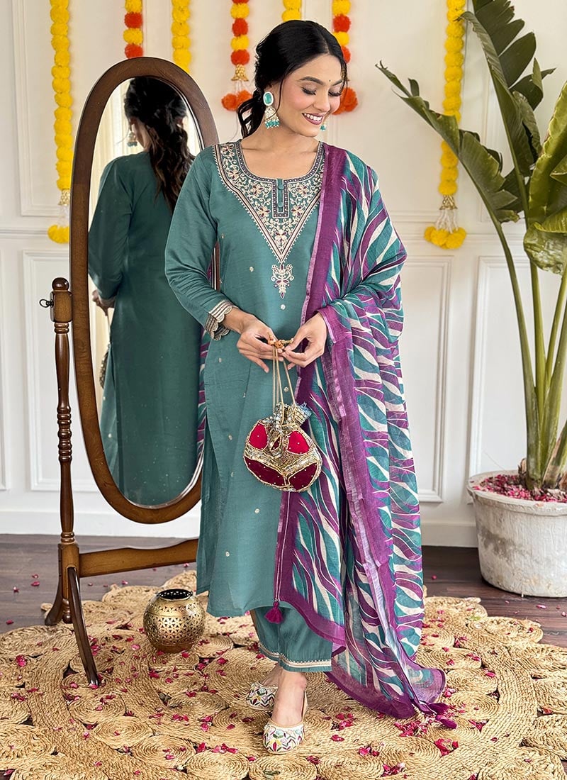 Teal Viscose Chanderi Embroidered Straight Pant Suit With Digital Print Dupatta After Six Wear