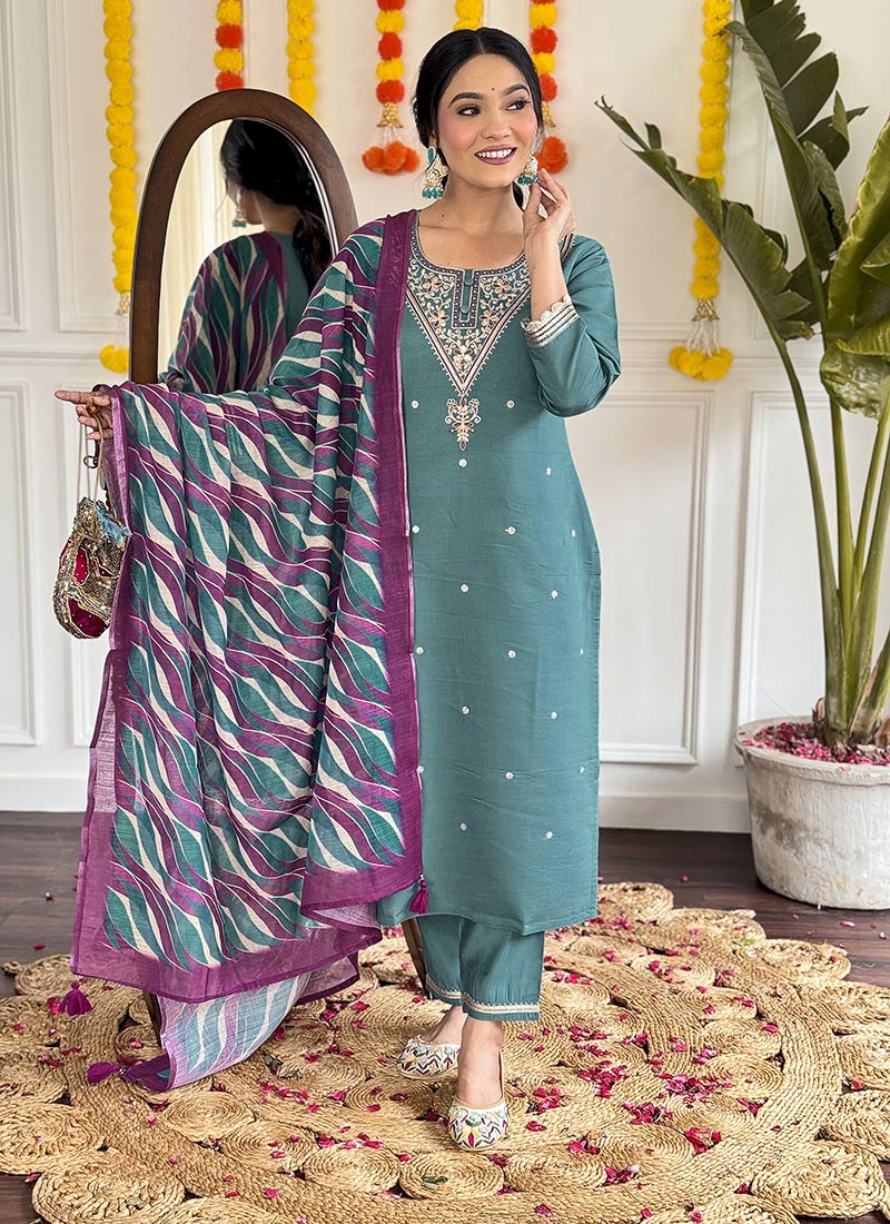 Teal Viscose Chanderi Embroidered Straight Pant Suit With Digital Printed Dupatta Festive Wear