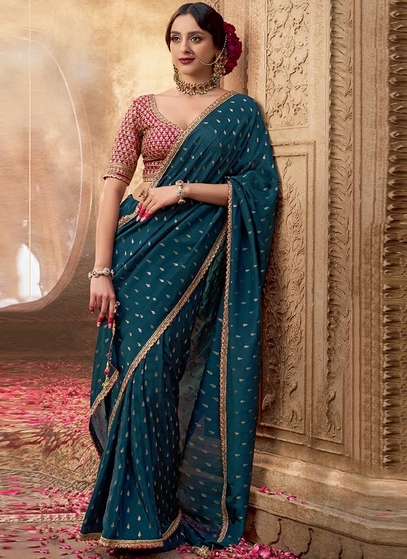 Teal Viscose Crepe Zari Embroidered Sequins Saree