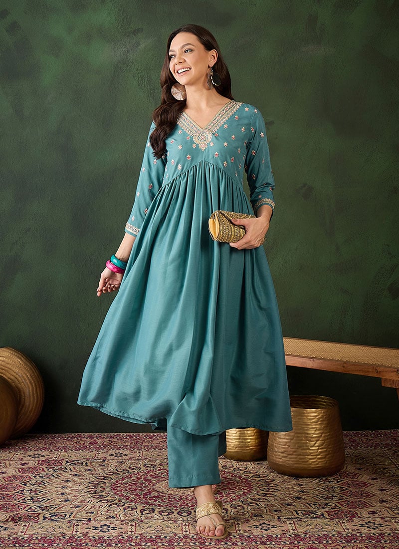 Teal Viscose Embroidered Kurta Straight Pant Suit After Six Wear