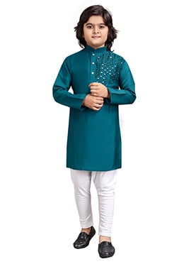 Teal Viscose Embroidered Thread Kids Boys Kurta Pyjama