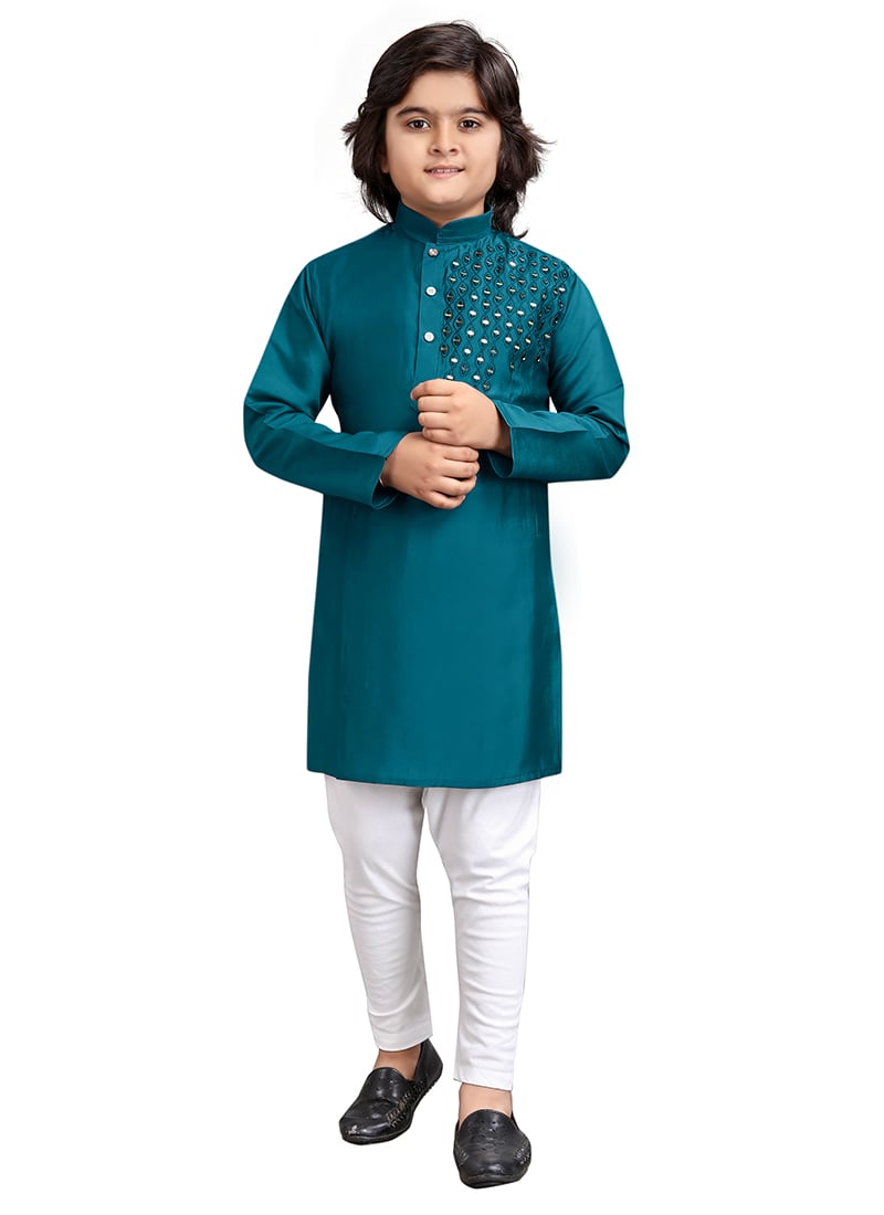 Teal Viscose Embroidered Thread Kids Boys Kurta Pyjama Festive Wear