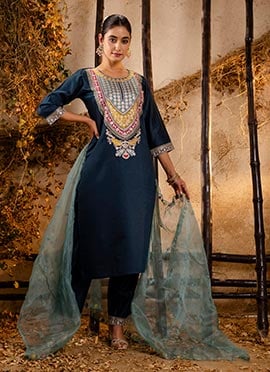 Teal Viscose Rayon Embroidered Sequins Straight Pant Suit