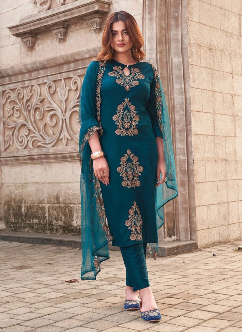 Teal Viscose Rayon Embroidered Straight Pant Suit Festive Wear