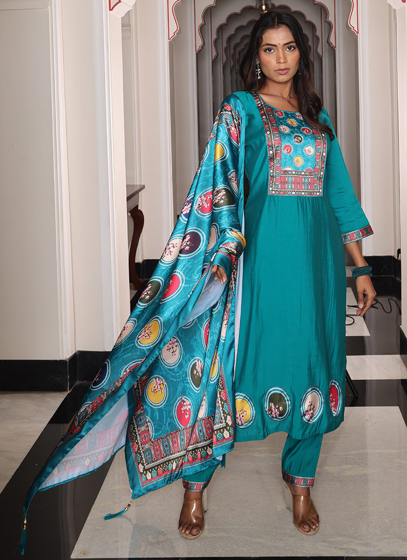 Teal Viscose Shimmer Beads Hand Work Sequins Straight Pant Suit With Digital Print Dupatta Festive Wear