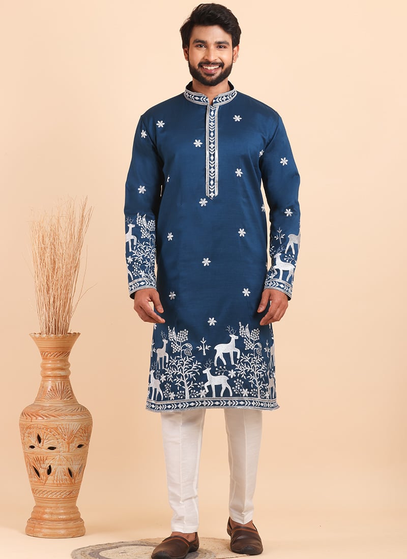 Teal Viscose Silk Embroidered Kurta Pyjama For Men Festive Wear