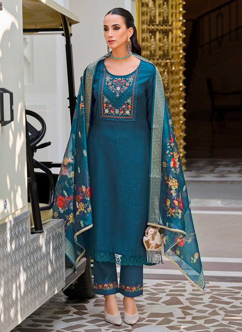 Teal Viscose Straight Pant Suit With Embroidery And Digital Print After Six Wear