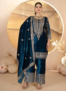 Teal Viscose Velvet Embroidered Sequins Palazzo Suit