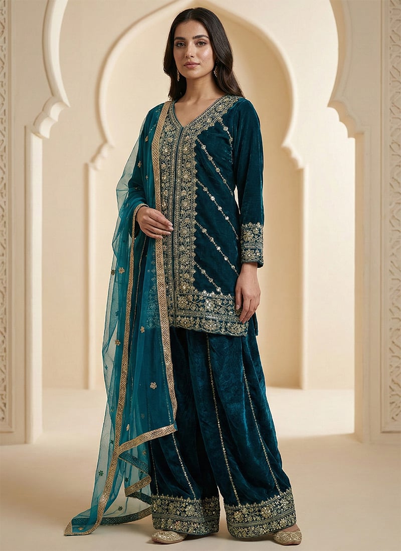 Teal Viscose Velvet Embroidered Sequins Palazzo Suit Festive Wear