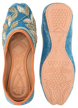 Teal Zardosi Hand Embroidered Juti