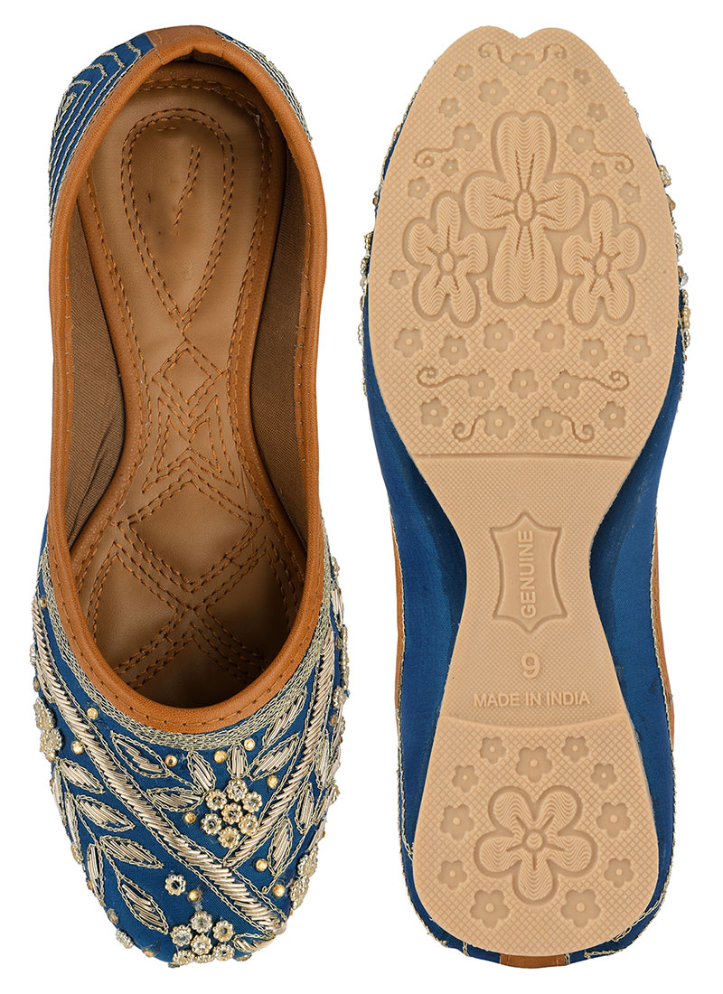Teal Zardosi Hand Embroidered With Stone Work Juti