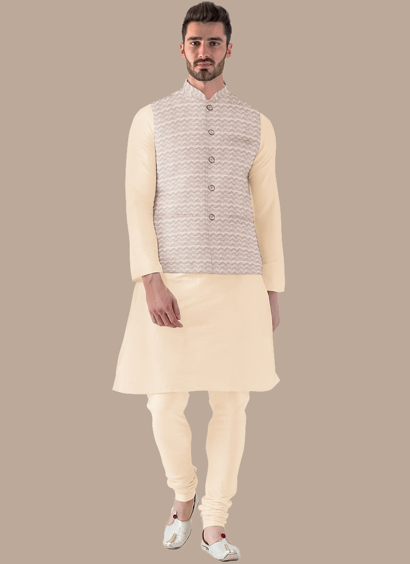 Teen Boys Cream Embroidered Bandi Set Party Wear
