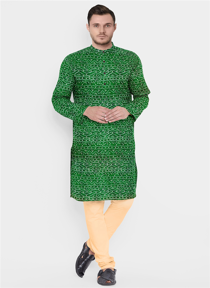 Teen Boys Green Bandhani Printed Rayon Kurta Set