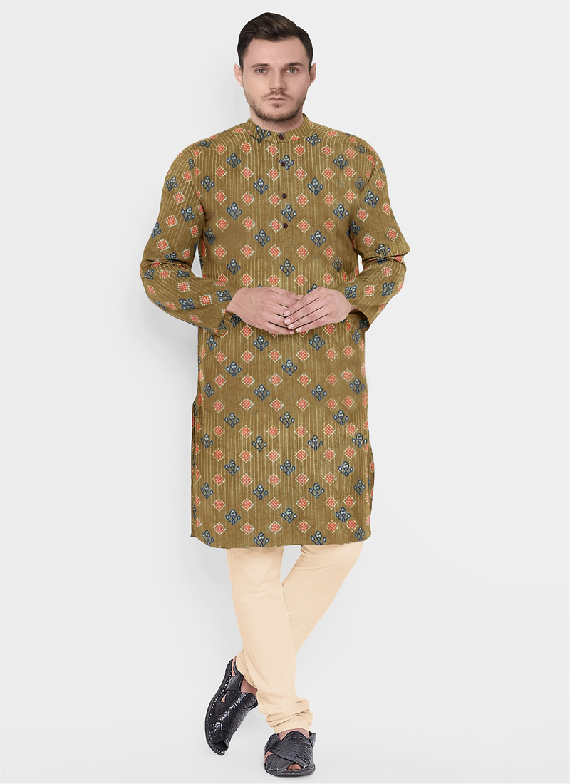 Teen Boys Green Printed Art Silk Kurta Set