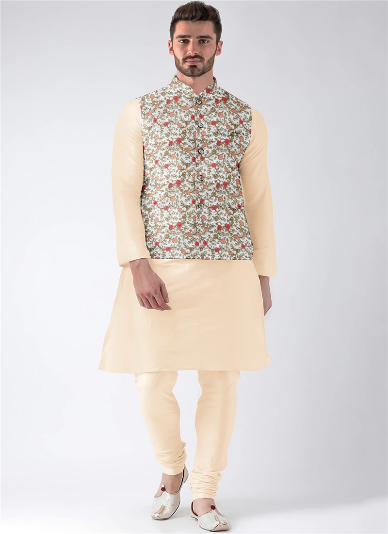 Teen Boys White Embroidered N Cream Bandi Set