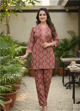 Teen Girls Pink Rayon Mill Print Kurta Set