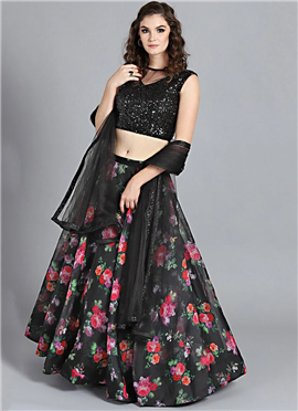 Teen Girls Plunge Black Printed Organza Lehenga