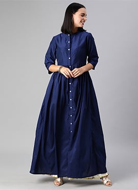 Ankle Length Collar Neck Blue Kurti