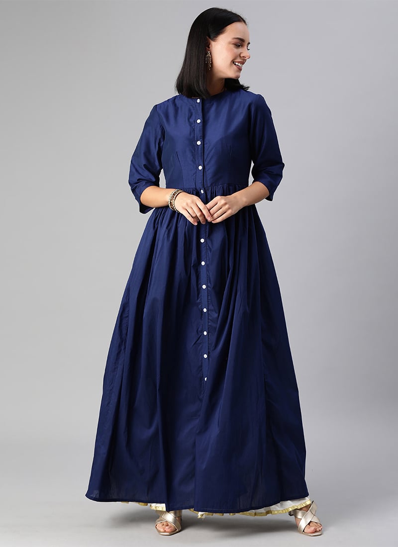 Ankle Length Collar Neck Blue Kurti