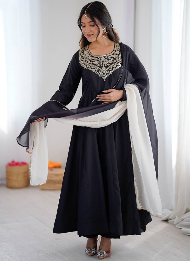Black Faux Crepe Sequins Embroidered Sequins Anarkali Suit Festive Wear
