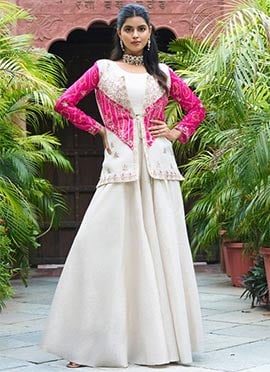Cream Shimmer Silk Indowestern Jacket And Skirt Set Festive Wear