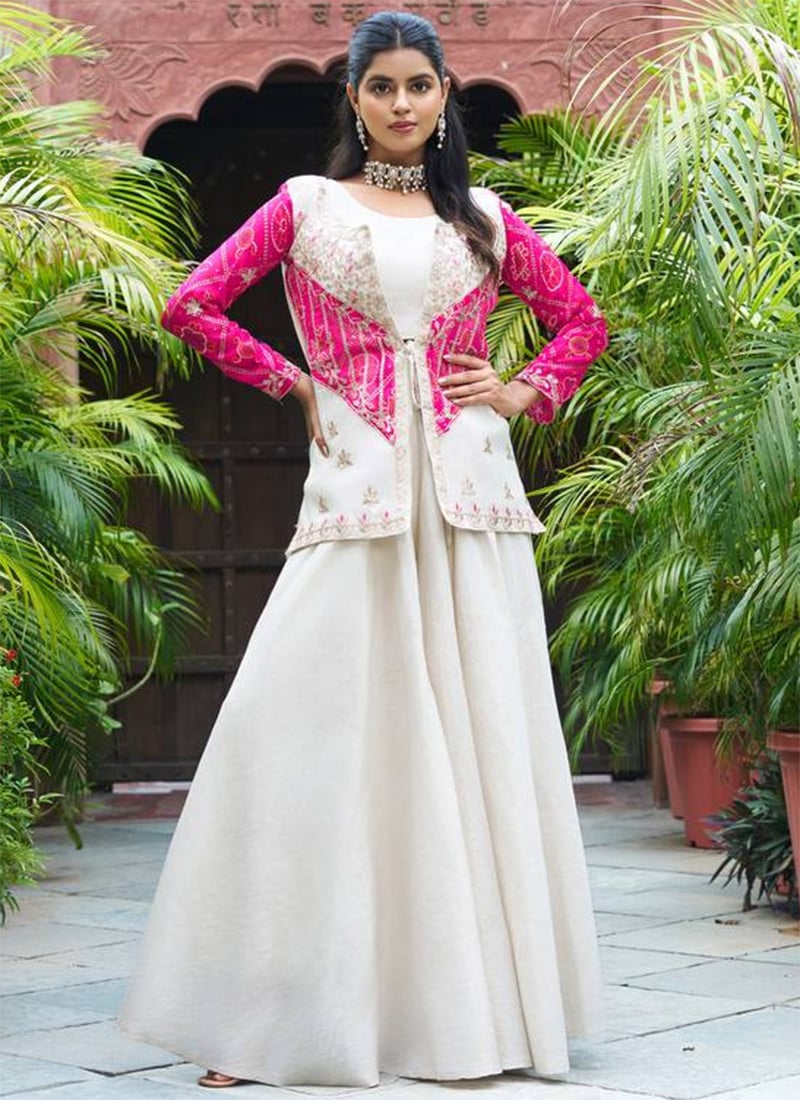 Cream Shimmer Silk Indowestern Jacket And Skirt Set Festive Wear