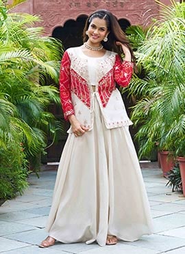 Cream Shimmer Silk Indowestern Jacket And Skirt Set Festive Wear