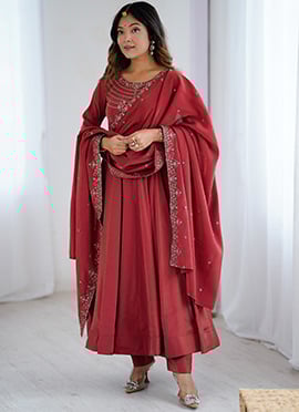 Maroon Chanderi Silk Embroidered Anarkali Suit