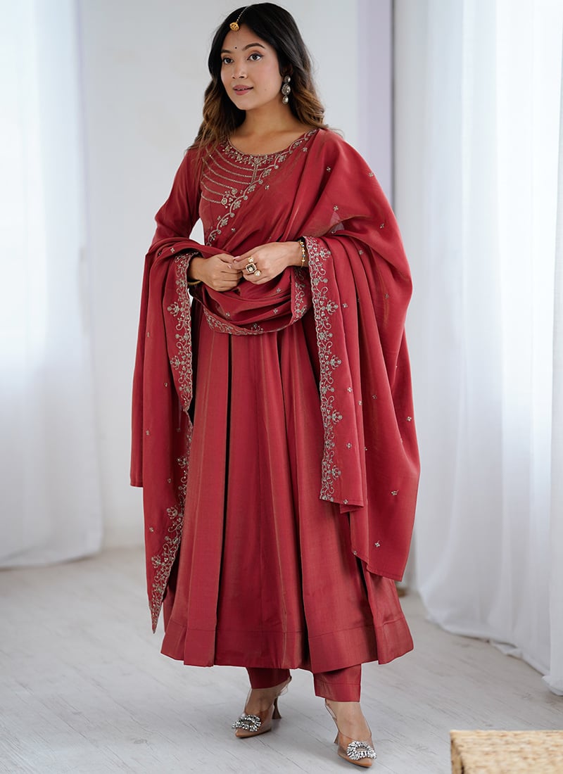 Maroon Chanderi Silk Embroidered Anarkali Suit Festive Wear