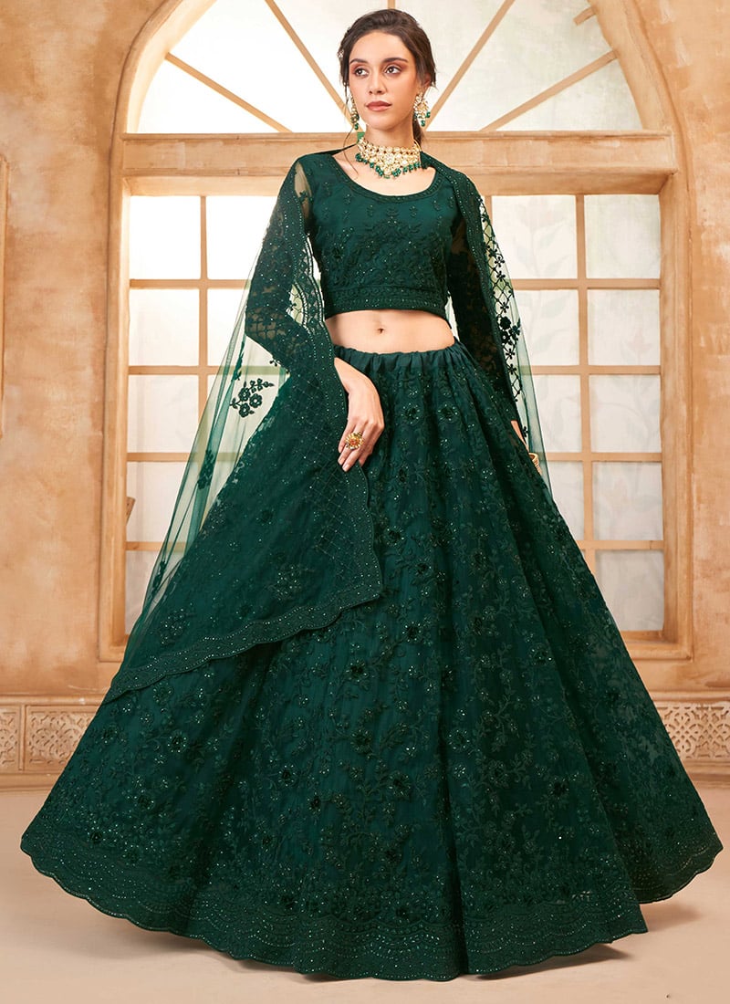 The Perfect Green Net Embroidered Stone Work Lehenga Wedding Wear