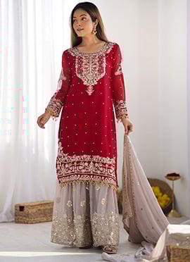 The Red Faux Georgette Sequins Embroidered Palazzo Suit