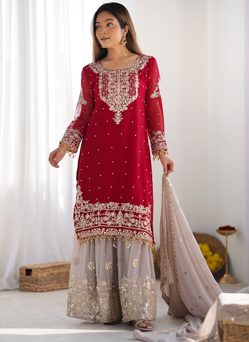 The Red Faux Georgette Sequins Embroidered Palazzo Suit Festive Wear
