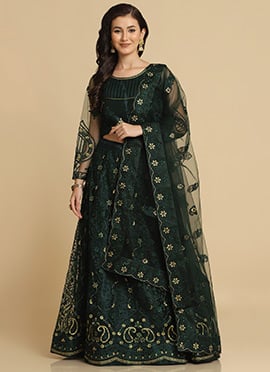 Tikki Work Embroidered Green Net A Line Lehenga Dressy Women