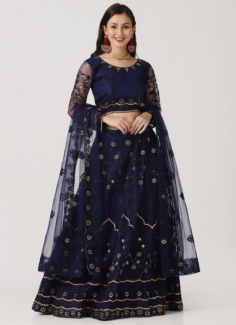 Tikki Work Embroidered Blue Net A Line Lehenga For Dressy Women Party Wear