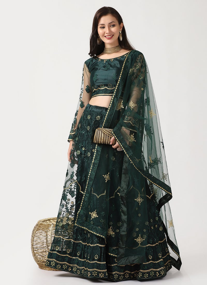 Tikki Work Embroidered Green Net A Line Lehenga Dressy Women Party Wear