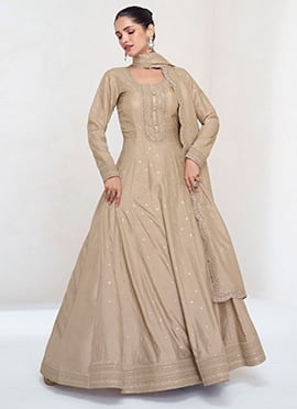 Timeless Beauty Beige Silk Anarkali Suit with Embroidered Sequins