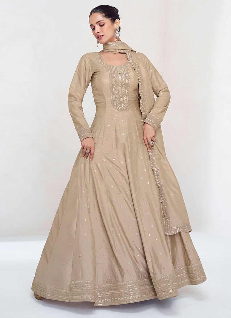 Timeless Beauty Beige Silk Anarkali Suit with Embroidered Sequins Festive Wear