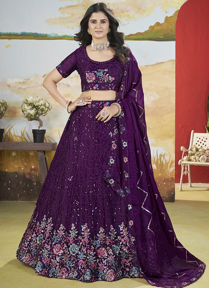 Timeless Beauty Exquisite Purple Chinon Lehenga With Sequins And Embroidery Wedding Wear