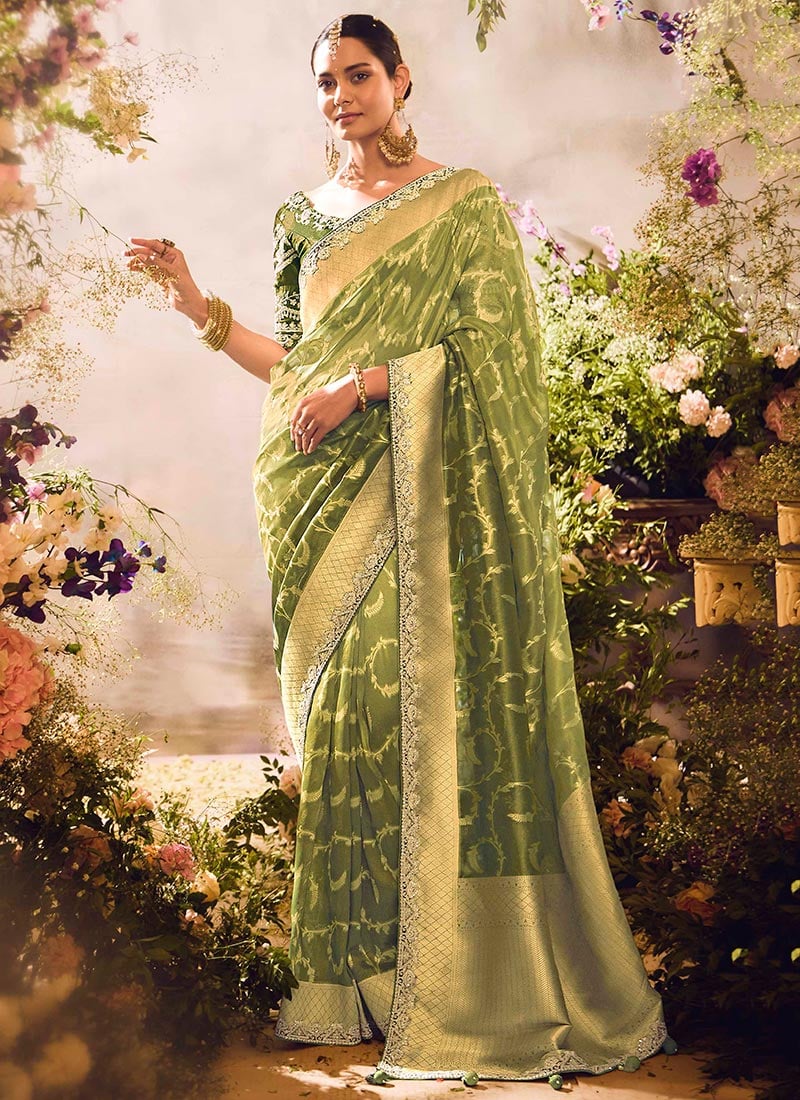 Timeless Beauty In Mehendi Green Silk Jacquard Embroidered Gota Zari Woven Saree Wedding Wear
