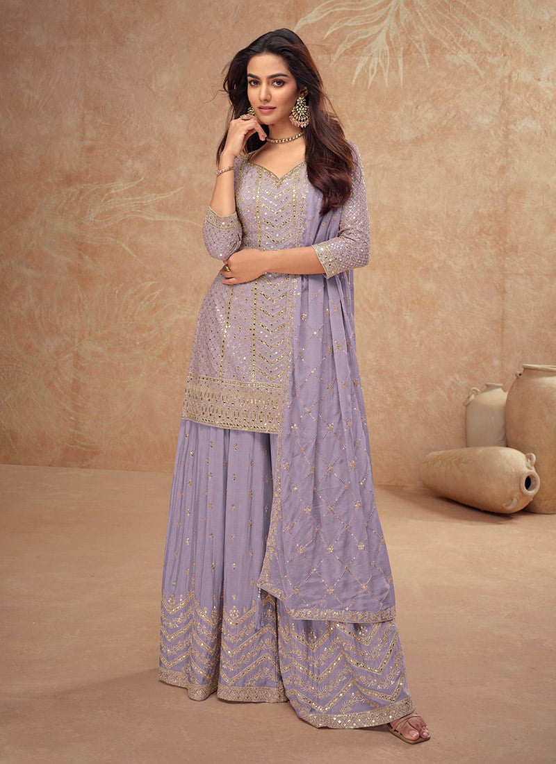 Timeless Beauty Lavender Chinon Zari Embroidered Sequins Palazzo Suit