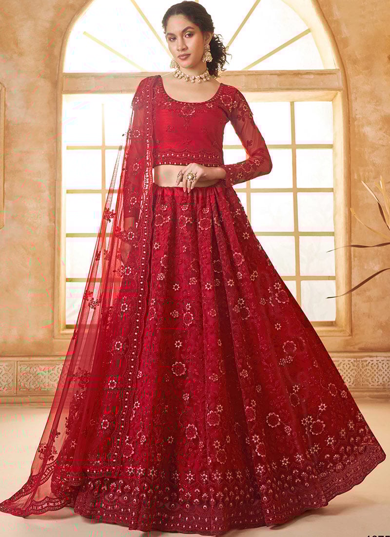 Timeless Beauty Red Net Embroidered Stone Work Lehenga Wedding Wear