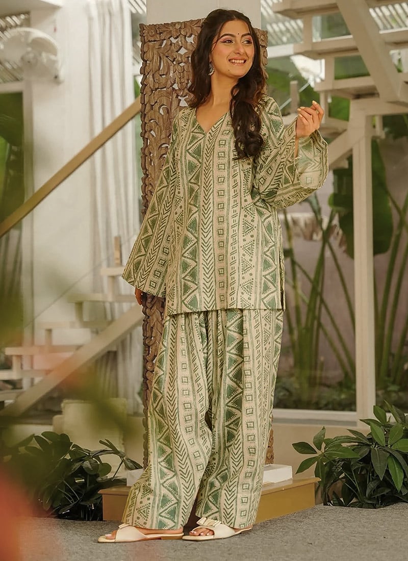 Timeless Beige Cambric Cotton Digital Print Farshi Salwar Suit After Six Wear