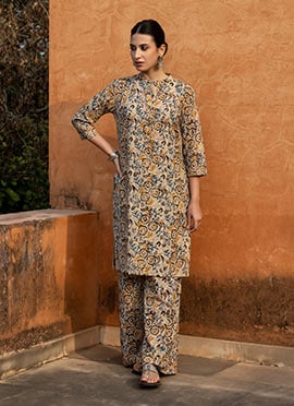 Timeless Beige Cotton Printed Kurta Palazzo Set