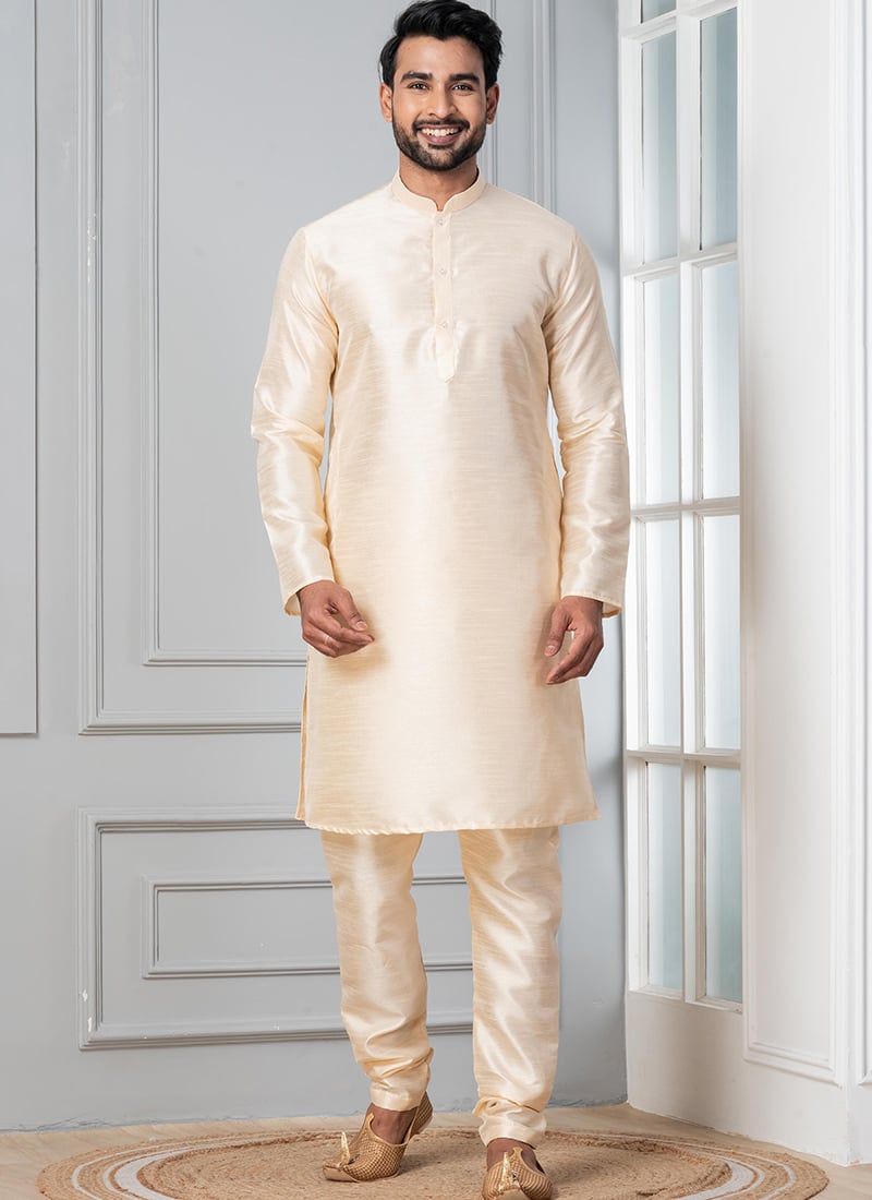 Timeless Beige Dupion Silk Plain Kurta Pyjama Festive Wear