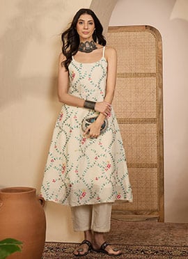 Timeless Beige Khadi Silk Embroidered Thread Kurta Straight Pant Set