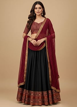 Timeless Black Mul Mul Cotton Patola Print Zari Umbrella Lehenga