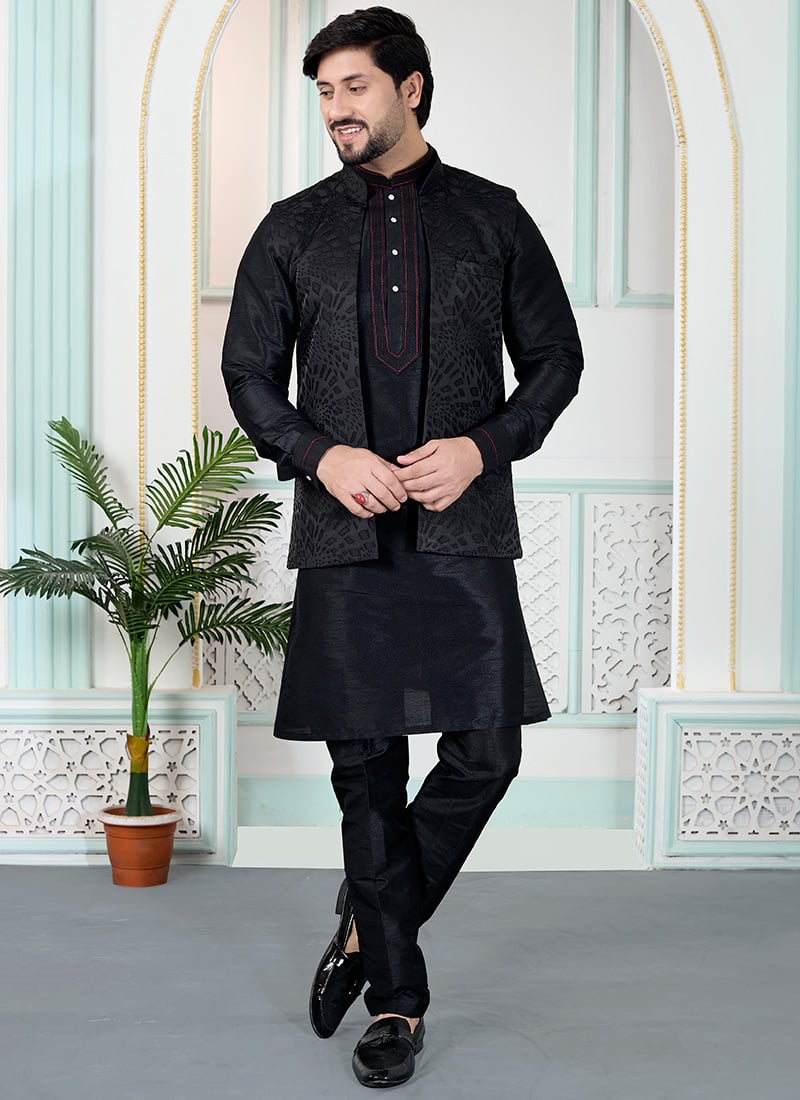 Timeless Black Satin Blend Jacquard Bandhgala Jacket