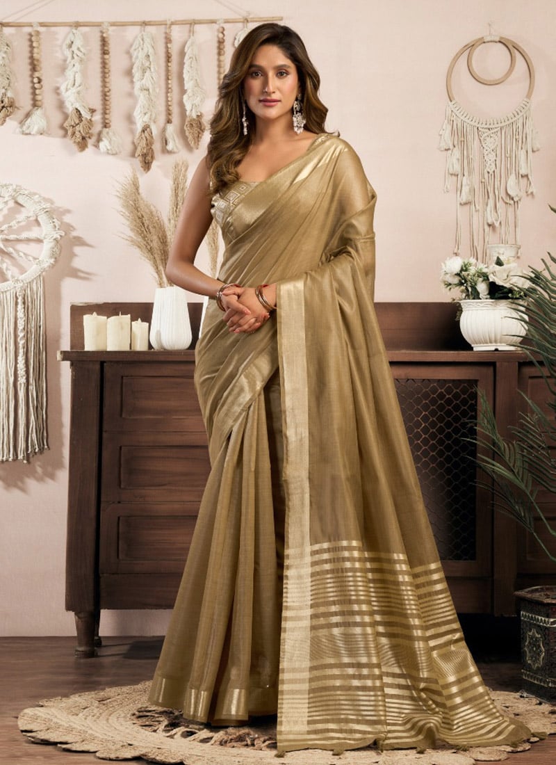 Timeless Brown Khadi Cotton Zari Saree Festive Wear